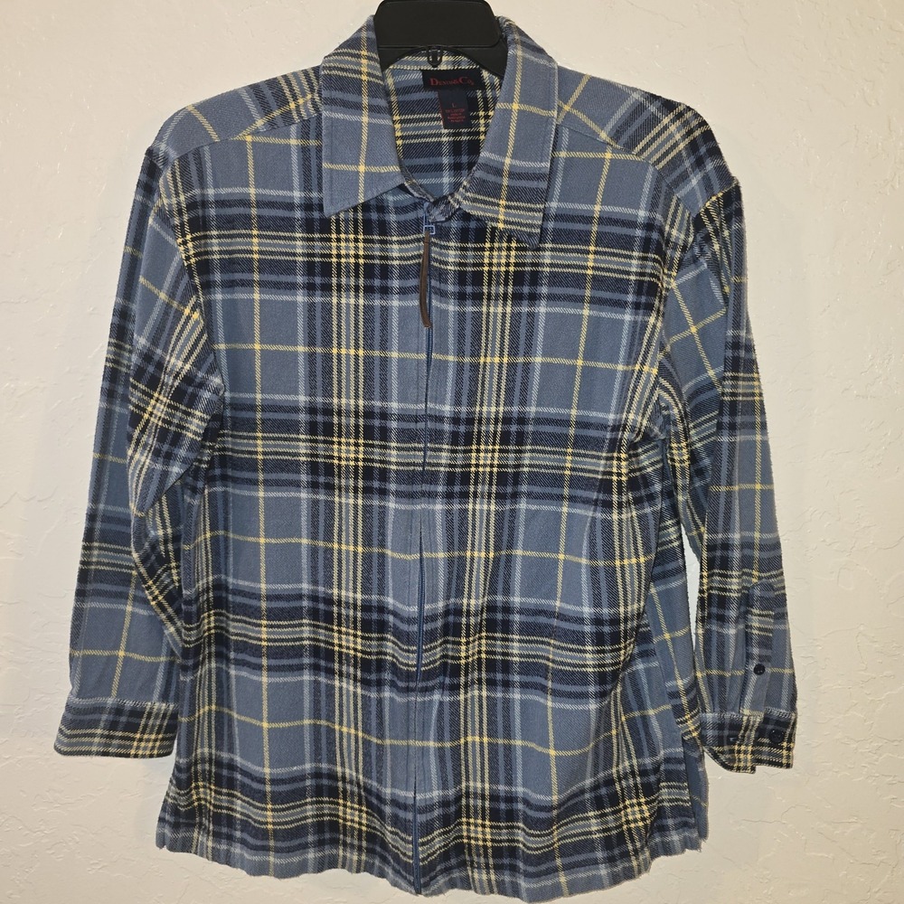 Denim & Co Women's Flannel Shirt Jacket Large - Blue Plaid Zip Up Long Sleeve